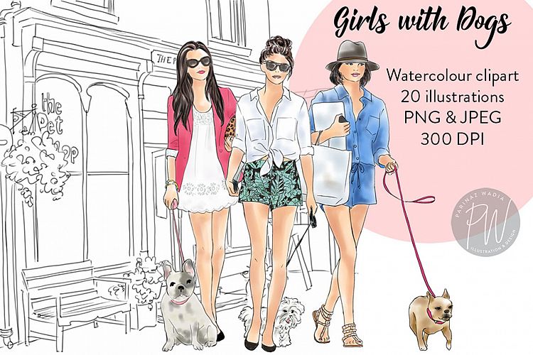 Girls with dogs watercolour illustrated clipart