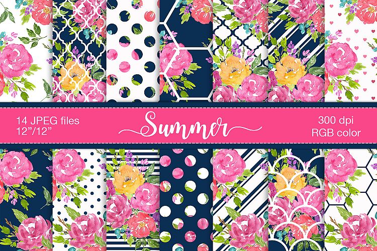 Watercolor floral digital paper - Summer