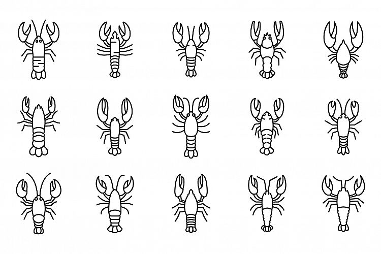 Marine lobster icons set, outline style