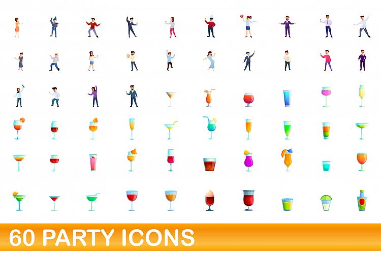 60 party icons set, cartoon style example image 1