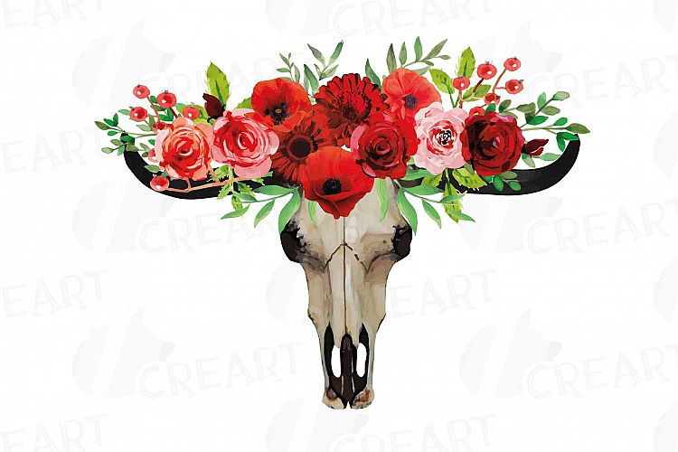 Watercolor Floral Boho Longhorn Bull Skull clip art, png