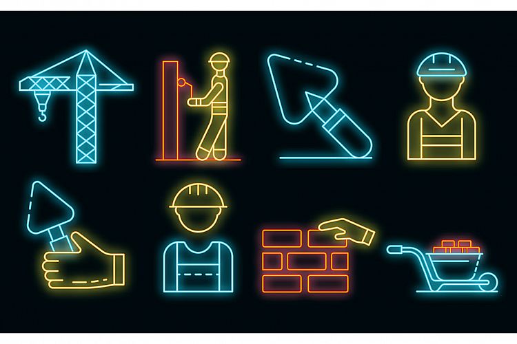 Masonry worker icons set vector neon