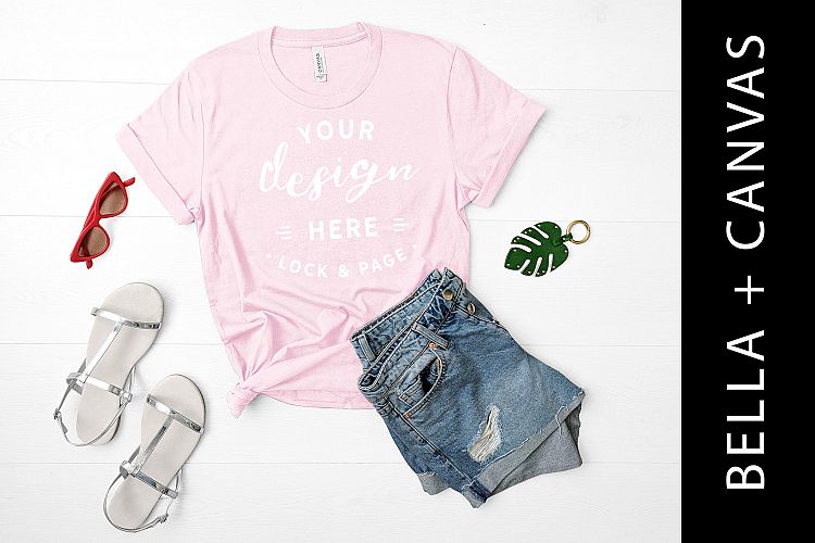 Pink Bella Canvas 3001 T-Shirt Mockup Feminine Shirt Flatlay