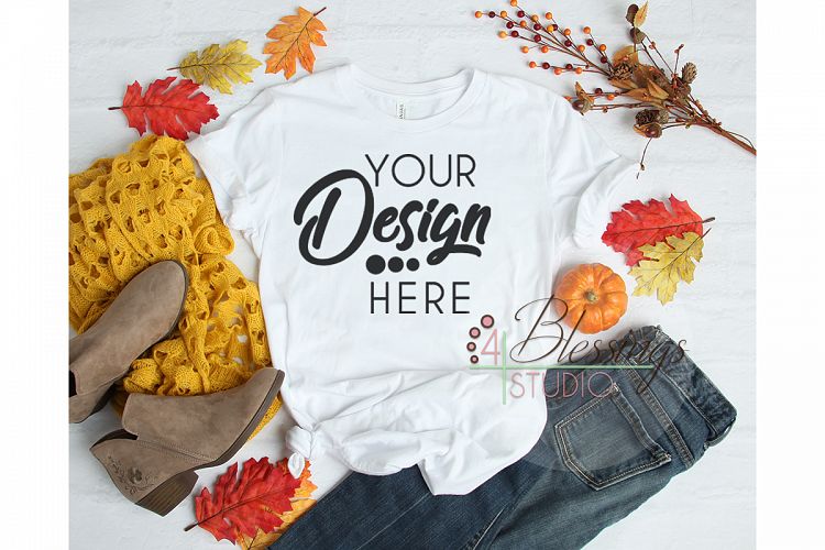 Fall Flat Lay Mockup Bella Canvas 3001 White T-shirt Mock Up