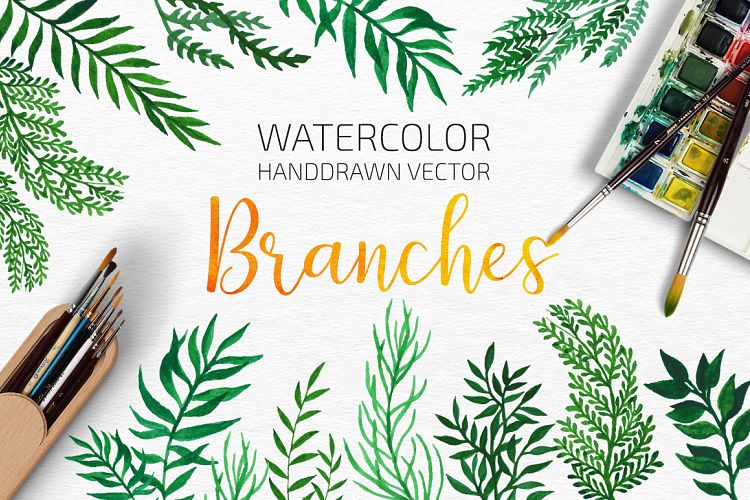 Watercolor Leafy Hand Drawn Branhes