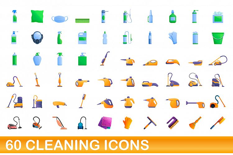 60 cleaning icons set, cartoon style example image 1