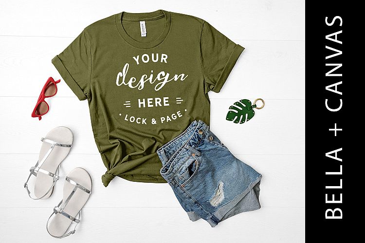 Olive Bella Canvas 3001 T Shirt Mockup Fashion Flat Lay