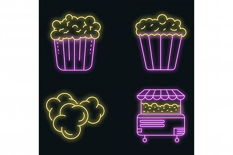 Popcorn icons set vector neon