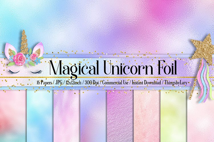 16 Iridescent Magical Unicorn Mermaid Foil Digital Papers 