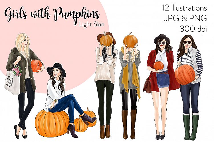 Fashion illustration clipart-Girls with Pumpkins -Light Skin