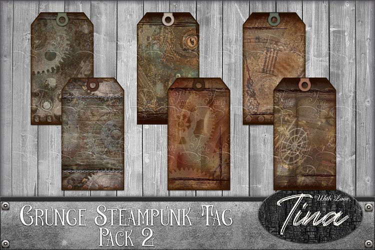 Grunge Steampunk Digital Paper Tags 2 Collage Gears Chains