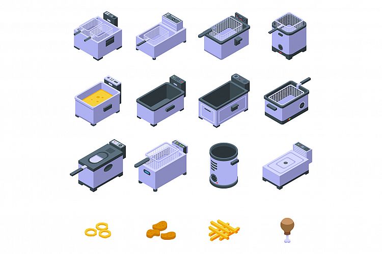 Deep fryer icons set, isometric style example image 1