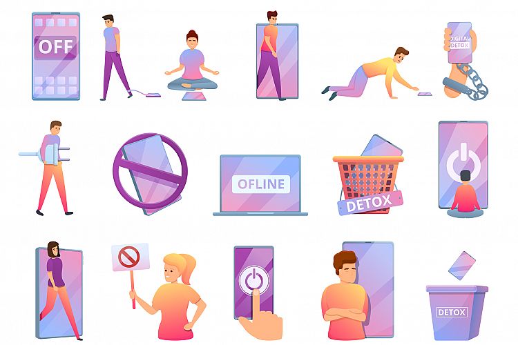 Digital detoxing icons set, cartoon style example image 1