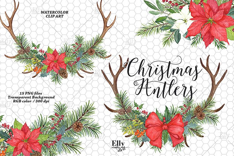 Christmas Antlers Watercolor Clipart