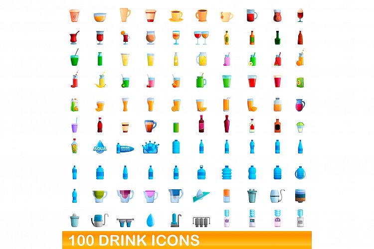 100 drink icons set, cartoon style