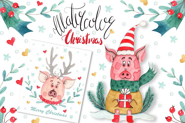 Watercolor Christmas Pig Collection