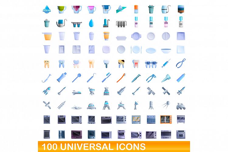 100 universal icons set, cartoon style example image 1