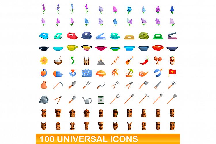 100 universal icons set, cartoon style example image 1