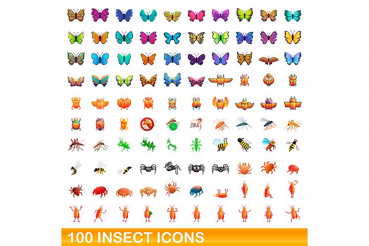 100 insect icons set, cartoon style example image 1