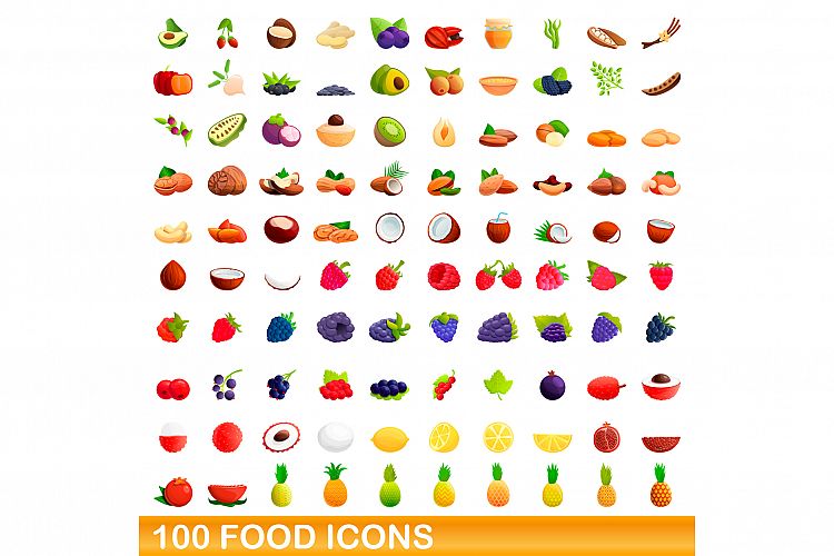 100 food icons set, cartoon style example image 1