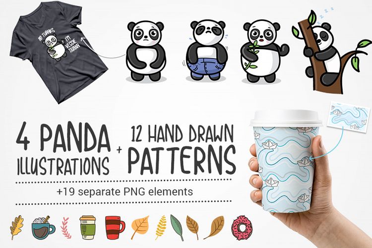 4 Panda Illustrations with 12 Hand Drawn Patterns 