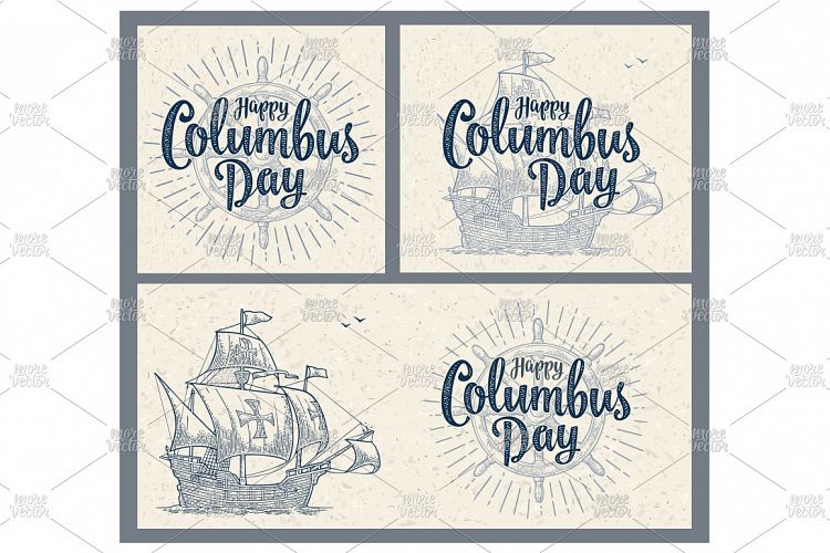 Sailing ship Caravel Santa Maria Columbus Day engraving
