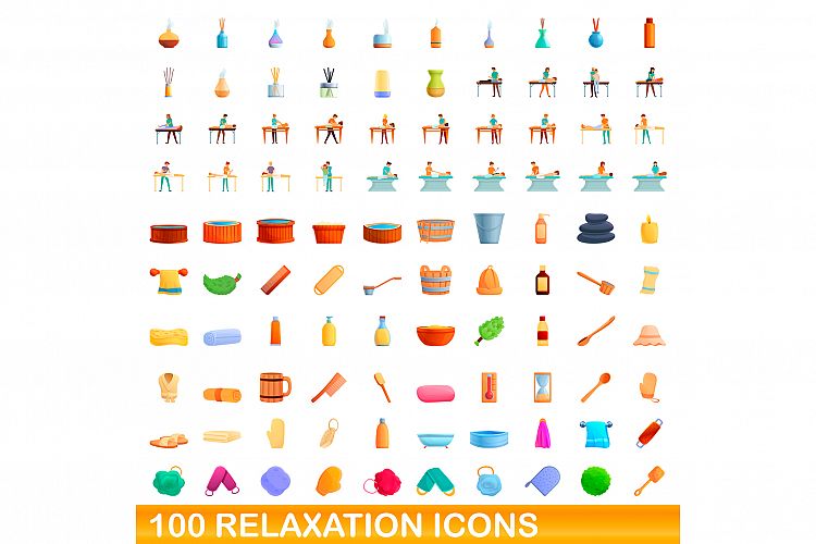 100 relaxation icons set, cartoon style