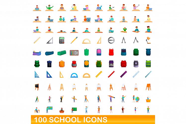 100 school icons set, cartoon style example image 1