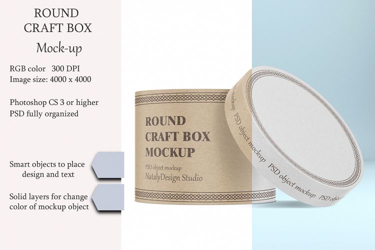 Round craft box mockup. Carton box.