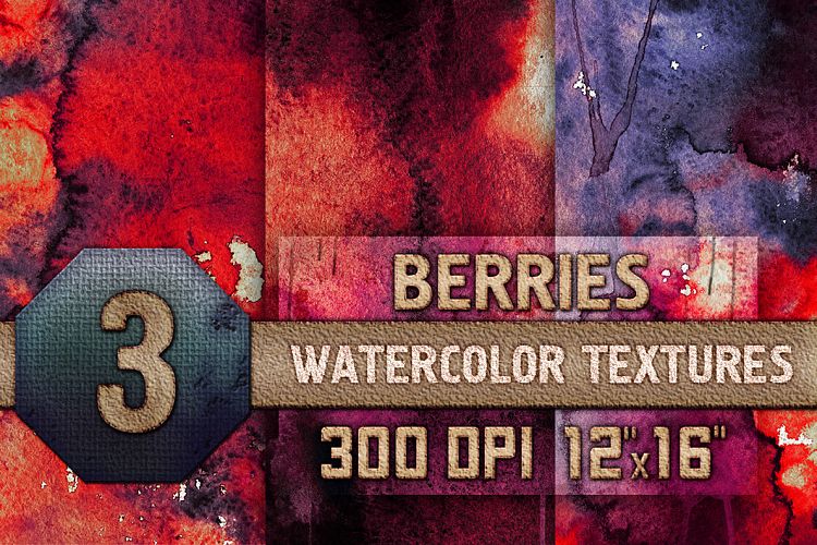 3 Berries Watercolor Texture Digital Papers, Backrgounds HQ