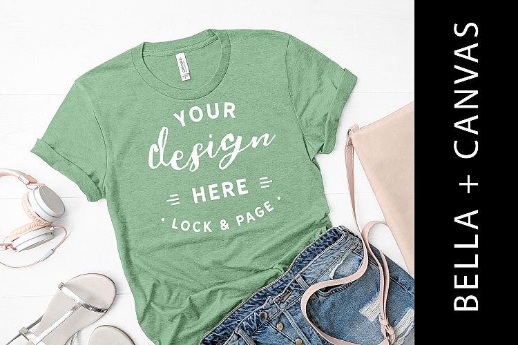 Heather Prism Mint Bella Canvas 3001 T-Shirt Mockup Flat Lay