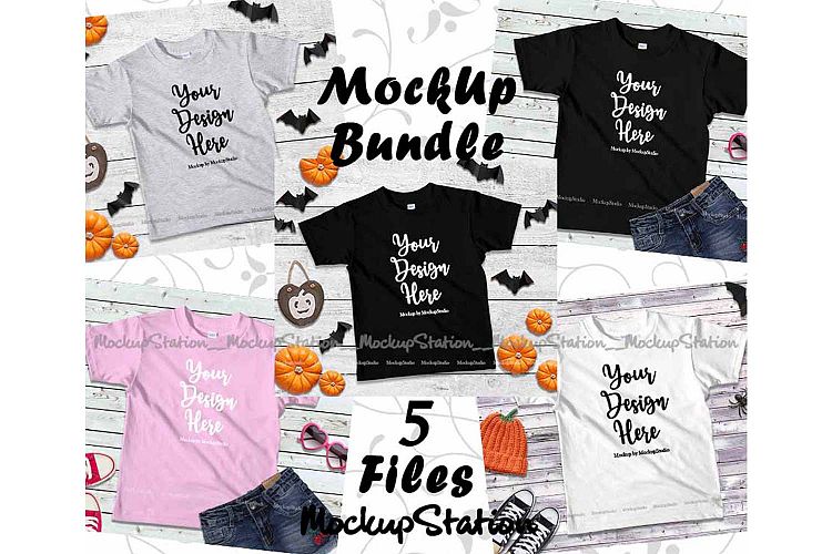 Fall Halloween Kids Tshirt Mockup Bundle 5 Colors Set