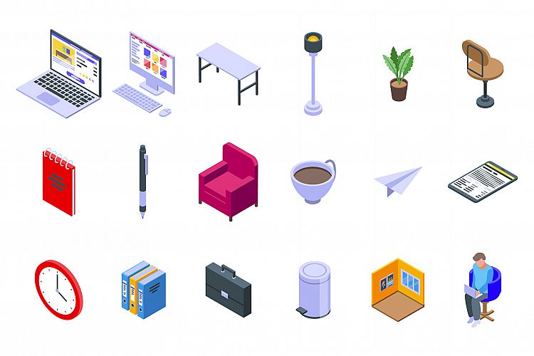 Home office icons set, isometric style