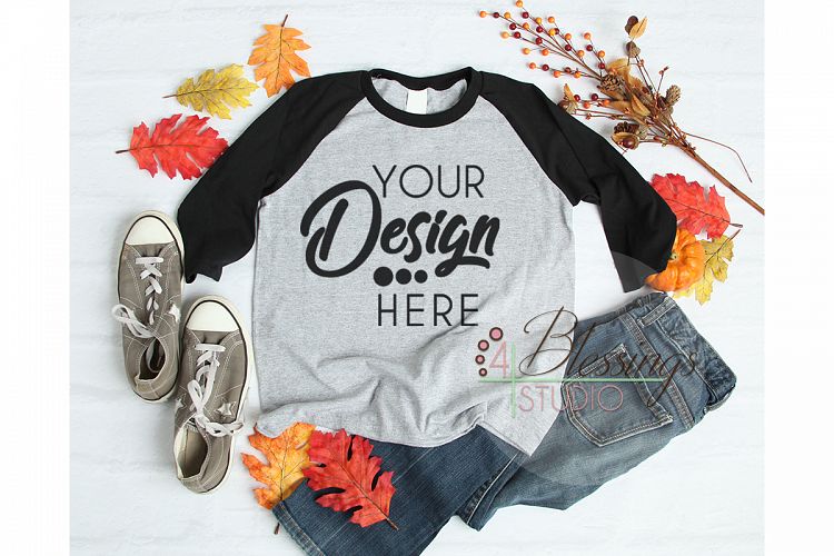 Raglan Fall TShirt Mockup Autumn Shirt Flat Lay Gray Black
