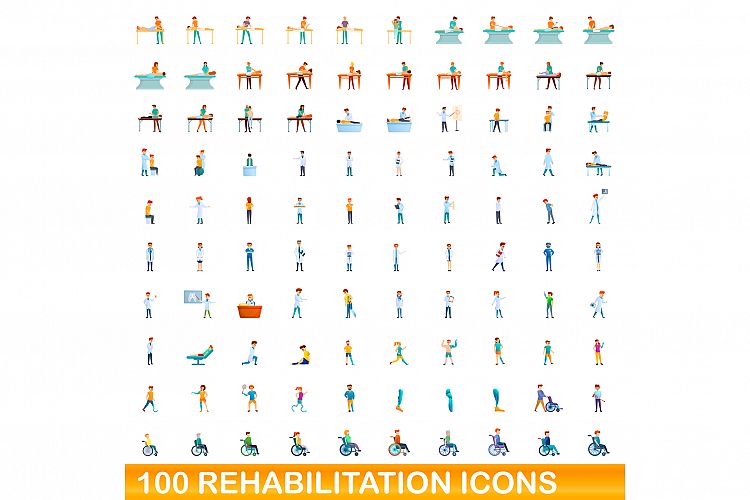 100 rehabilitation icons set, cartoon style