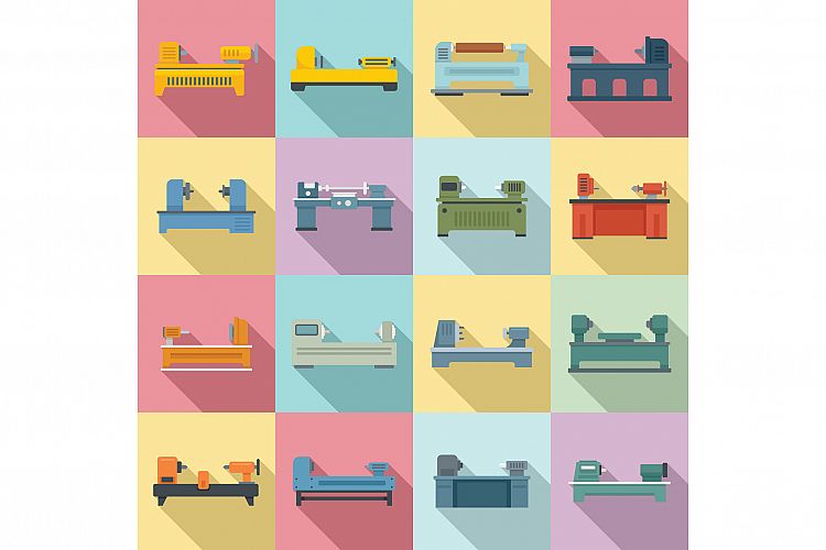 Lathe icons set, flat style example image 1