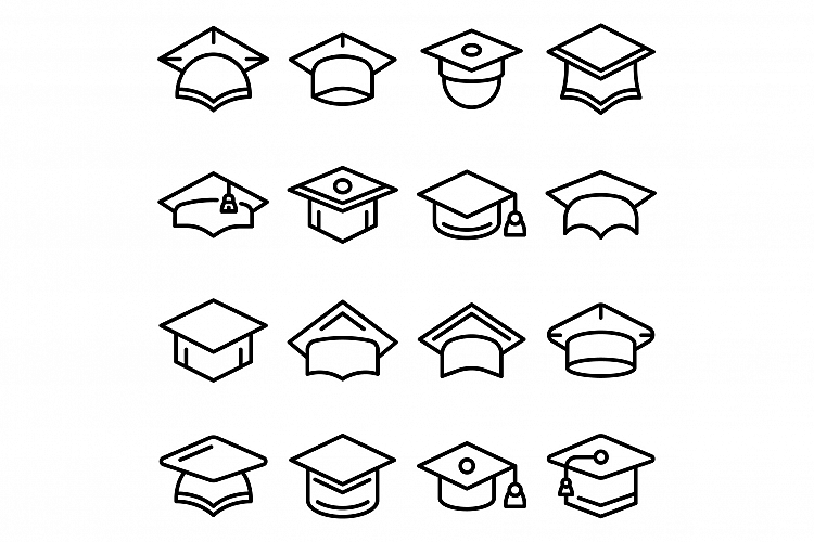 Graduation hat icons set, outline style