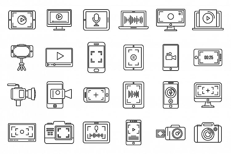 Digital screen recording icons set, outline style example image 1