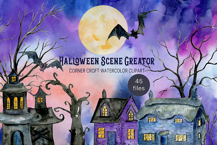 Watercolor Halloween Scene Creator with haunted buildings