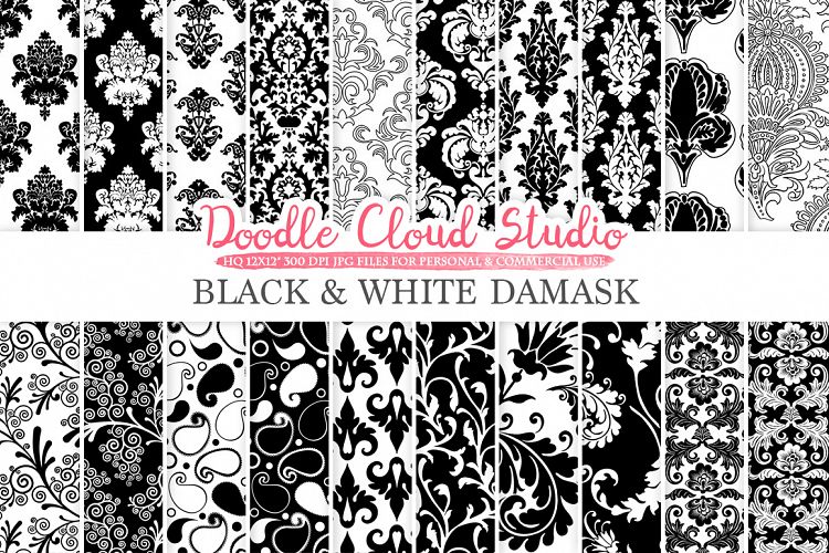 Black and White Damask digital paper, Swirls patterns, Digital Floral Damask, Black and White background for Personal & Commercial Use