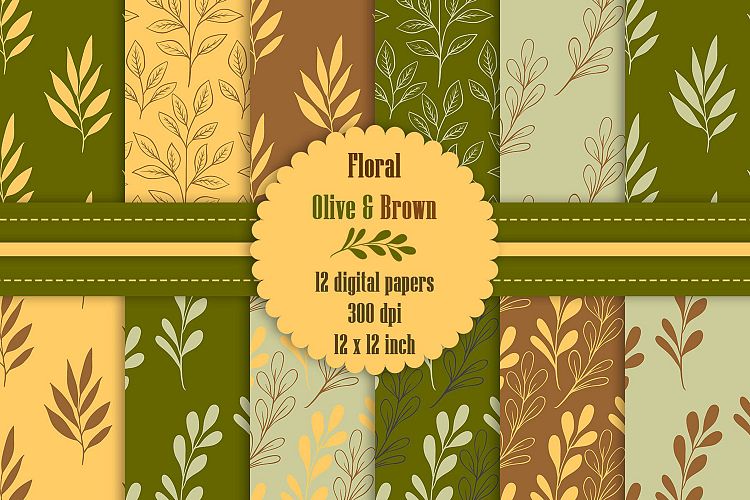 12 Seamless Fall Floral Digital Papers in Olive and Brown