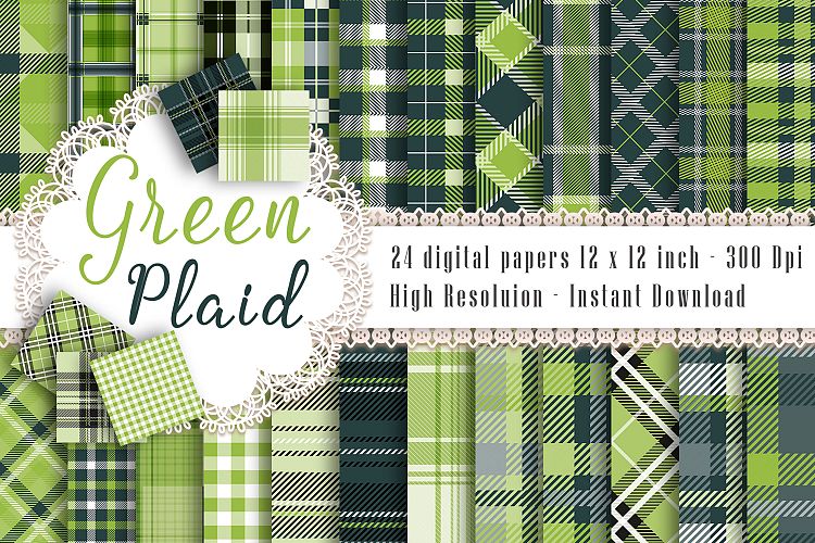 24 Seamless Greenery Plaid Digital Papers, Tartan, Gingham