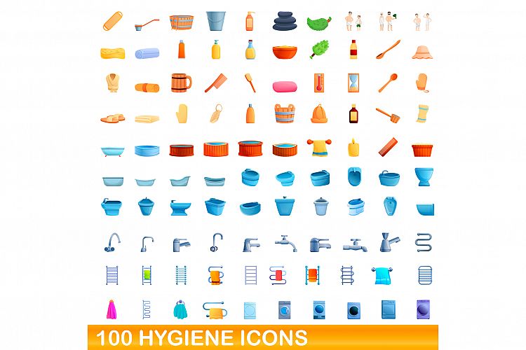 100 hygiene icons set, cartoon style example image 1