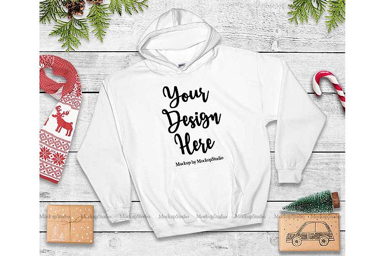 Christmas White Hoodie Mockup, Winter Holiday Flat Lay