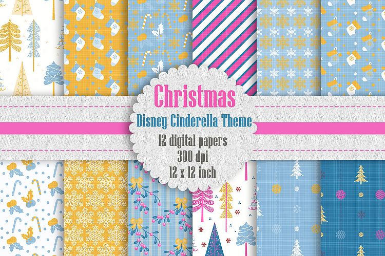 12 Christmas Digital Papers in Pink, Blue and Yellow Color