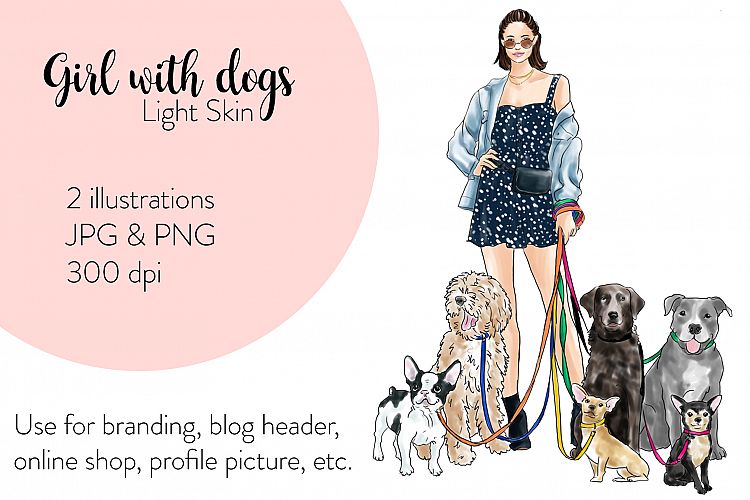 Fashion illustration - Girl with Dogs - Light Skin