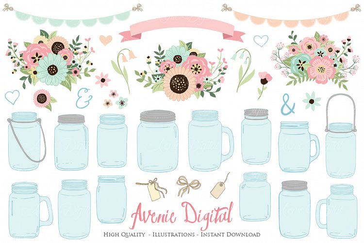 Pink and Mint Mason Jar Wedding Clipart