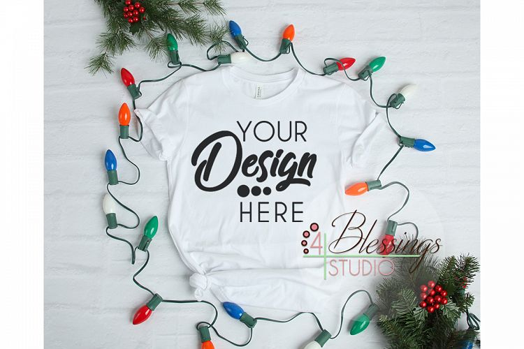 Christmas White TShirt Bella Canvas Mockup 3001 Lights