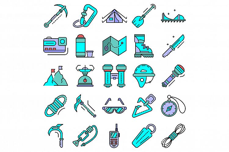 Mountaineering equipment icon set line color vector example image 1