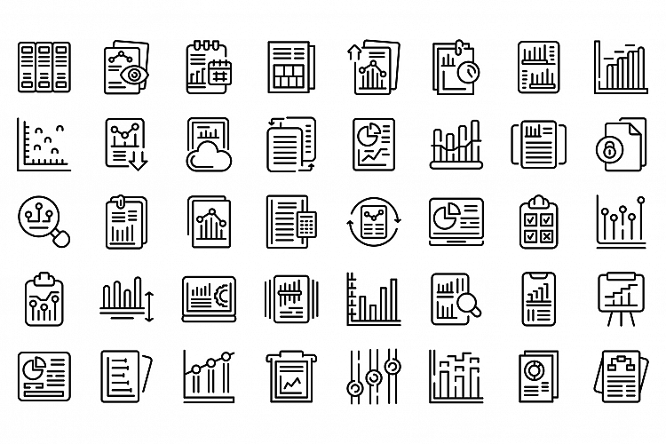 Business report icons set, outline style